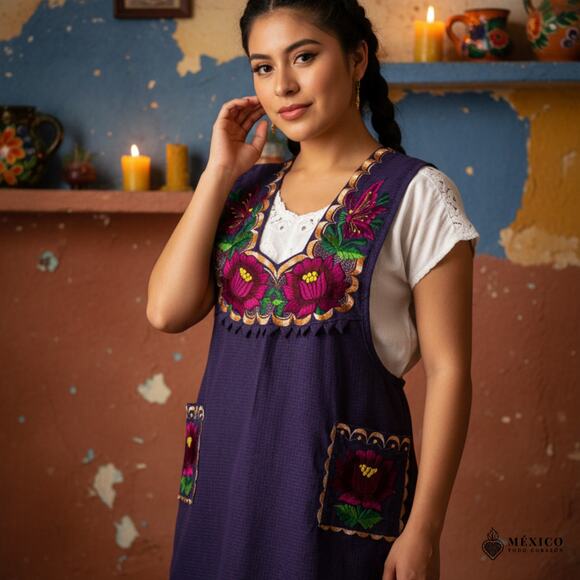 Purple Mexican Embroidered Apron – Standard Kitchen Apron Floral Embroidery - Picture 1 of 8